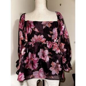 NWT Thirty Thirty Black Purple Lined Empire Waist Puff Sleeve Crop Top Sz XL